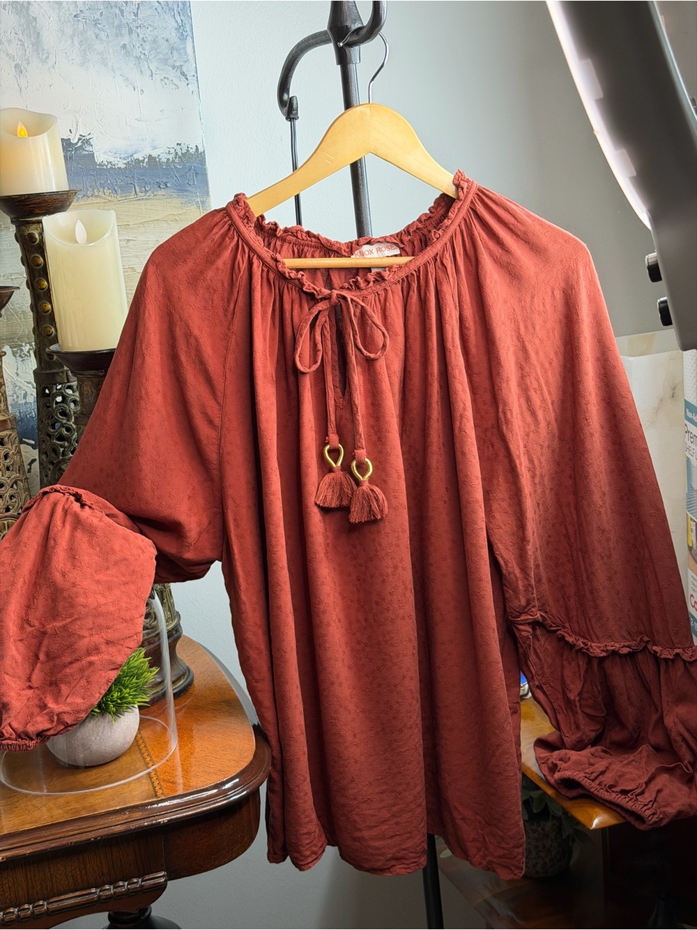 Knox Rose Rust Red Tassel Peasant Blouse
